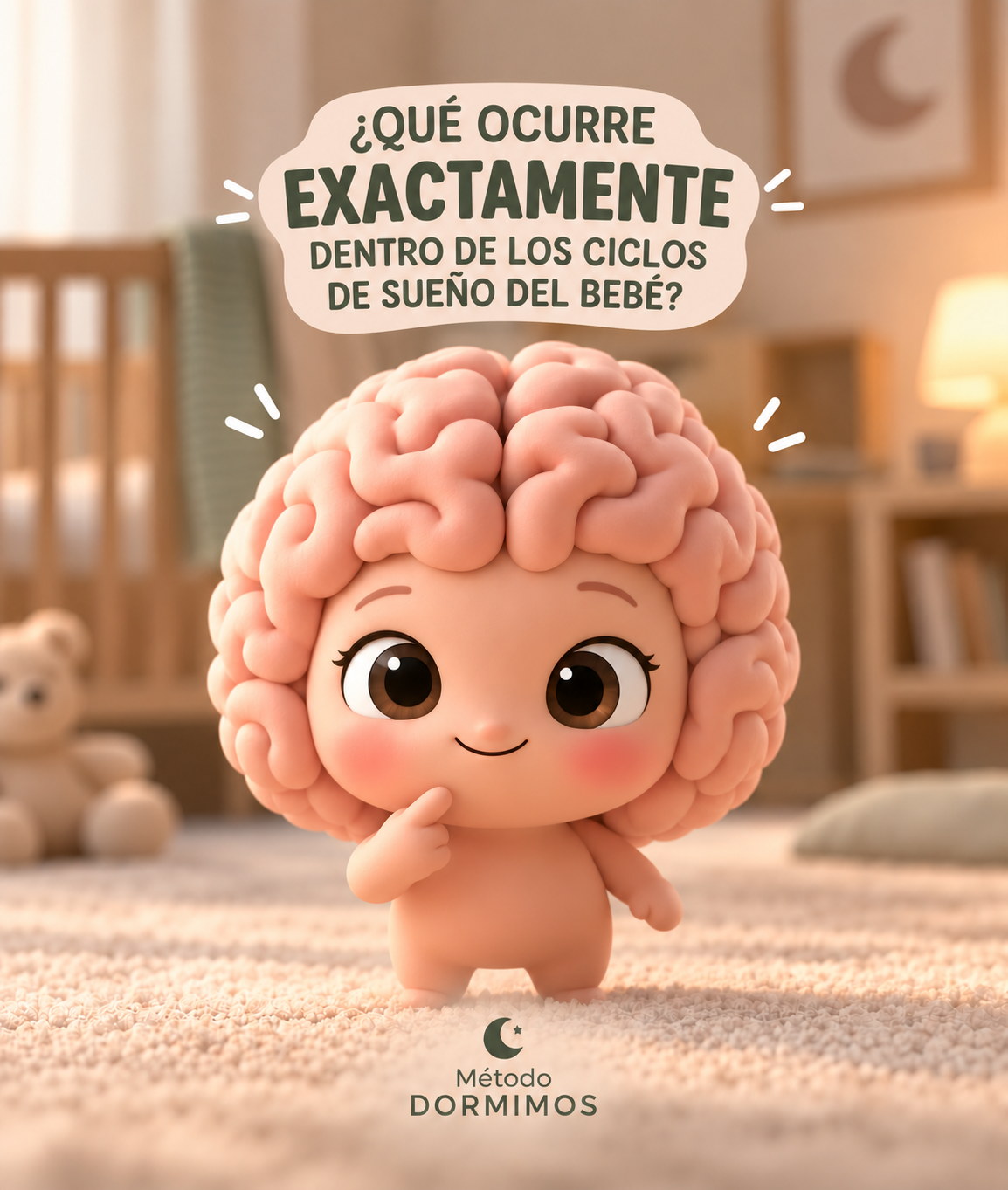 El simpático cerebro de Método Dormimos, en una habitación infantil, invita a entender los ciclos de sueño del bebé.